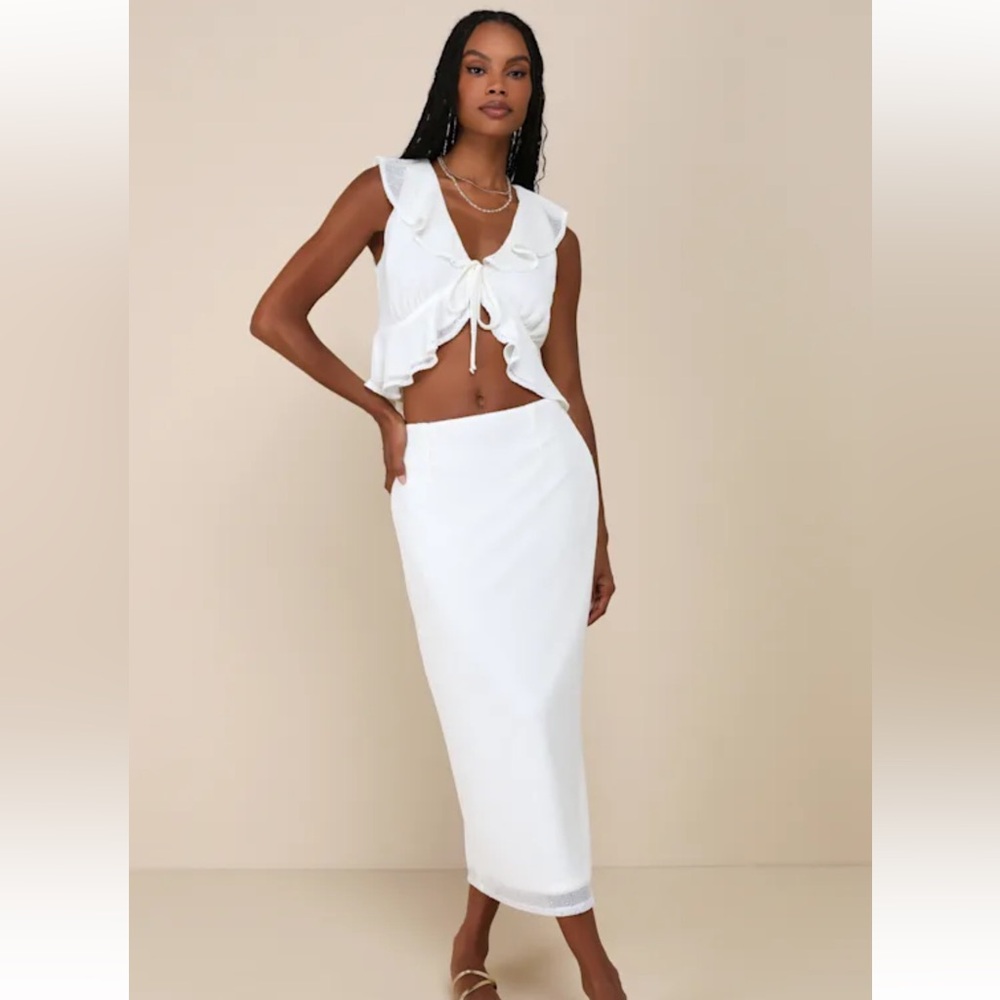 Lulus ivory mesh ruffled two-piece